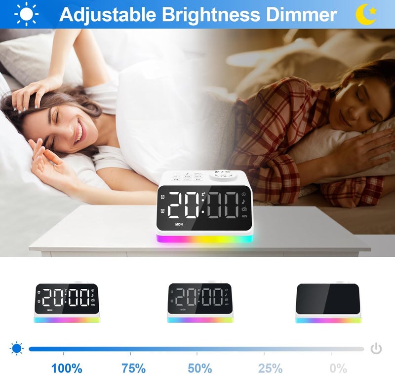 Jall Digital Alarm Clock with FM Radio for Bedroom, 8 Colors Night Light with Charging Port, Sleep Sound Machines with Timer, Dual Alarm (White with White Font) - Image 5